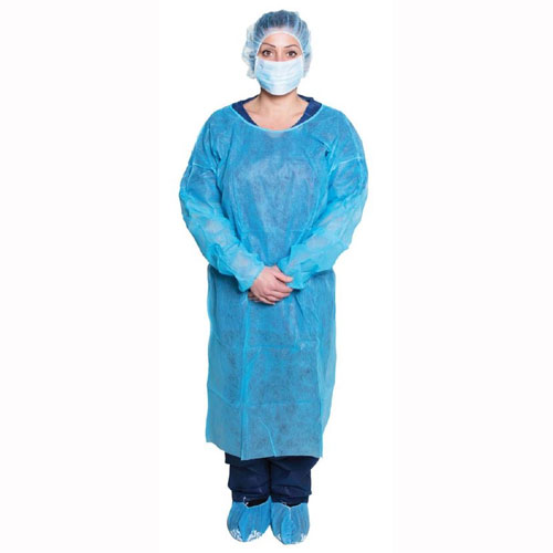 Gown Isolation Blue Non-Sterile high quality spunbonded polypropylene elastic cuffs with waist and neck tie closures (10/BG 5BG/CS) by Dukal Corporation  ID 301BL